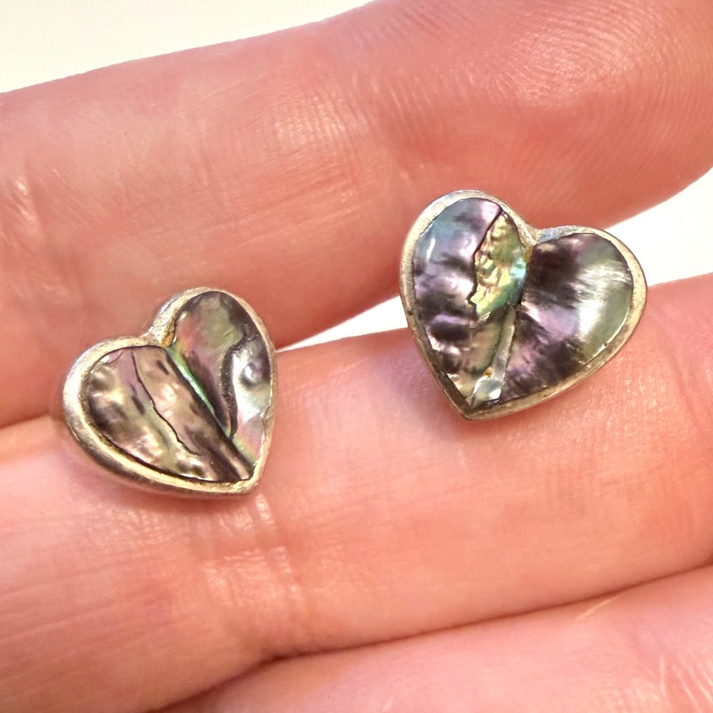 Lovely! Vintage Sterling Silver Heart Earrings Abalone Shell Peyote Bird PB